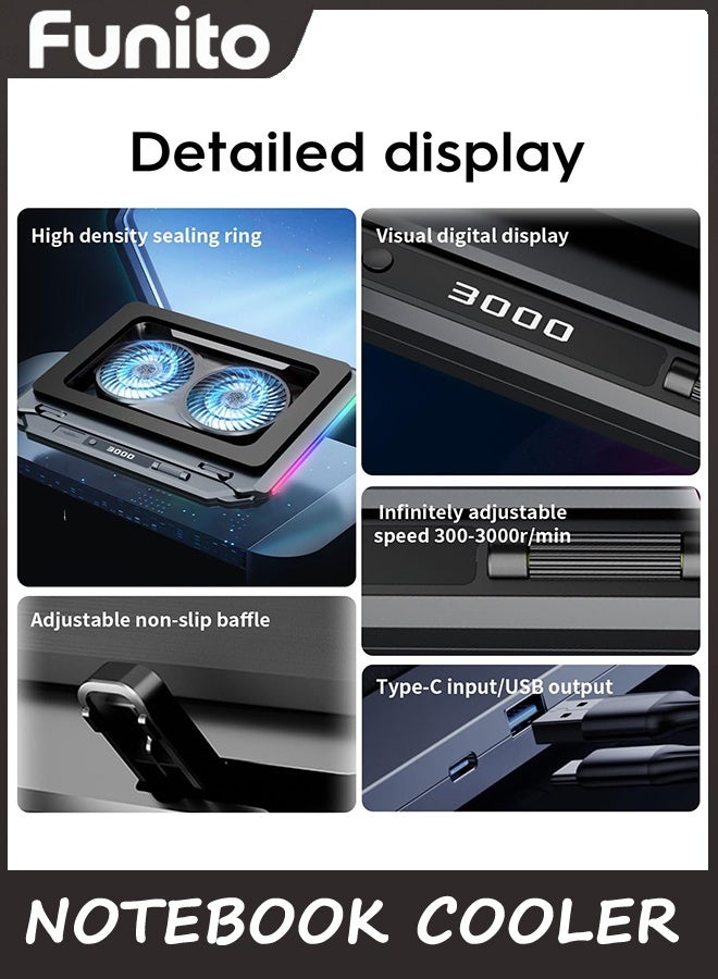 Funito ألعاب لوحة تبريد الكمبيوتر المحمول مع مزدوج توربو ضغط الهواء مبرد الكمبيوتر المحمول,RGB الألعاب الغلاف الجوي ضوء تعديل الزاوية,360 درجة حول قناة الهواء,تبديد الحرارة بكفاءة شاملة لفاريو - Image 5